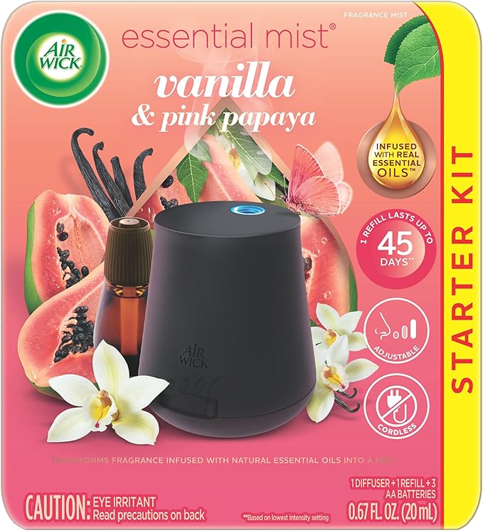 Air Wick Essential Mist Starter Kit (Diffuser + Refill) Vanilla & Pink Papaya Essential Oils Diffuser, Air Freshener Starter Kit