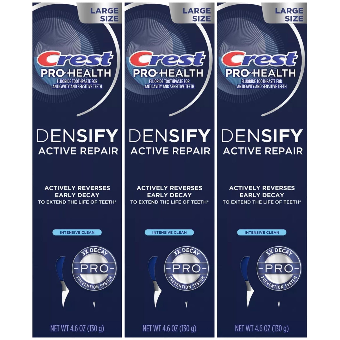 Three boxes of Crest Pro-Health Densify Active Repair toothpaste on a white background
