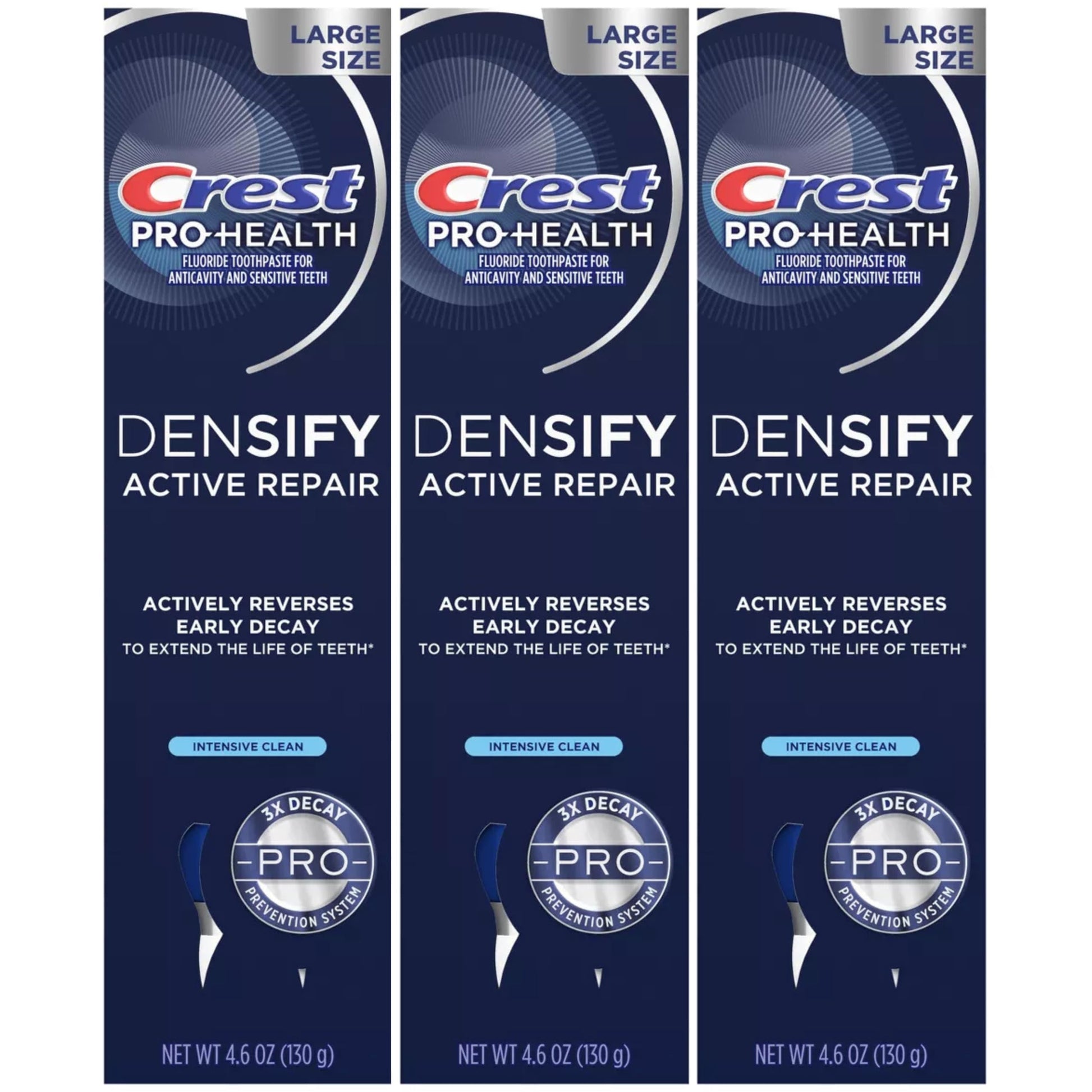 Three boxes of Crest Pro-Health Densify Active Repair toothpaste on a white background