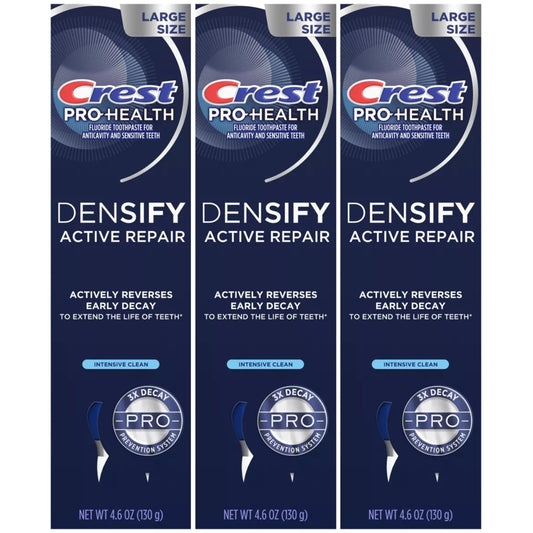 Three boxes of Crest Pro-Health Densify Active Repair toothpaste on a white background